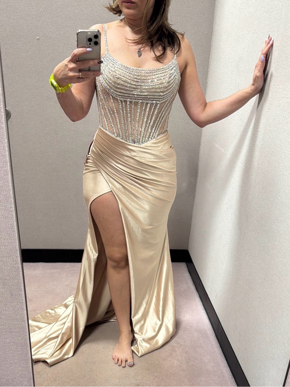 GB girls Champagne Beaded High-Slit Satin Gown
